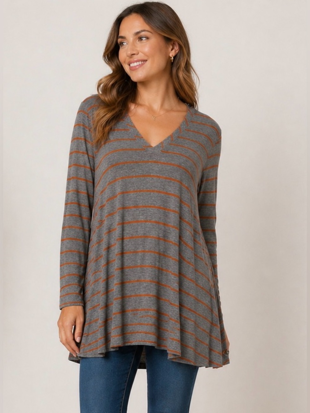 Matilda Jane Windsong Tunic Size Medium Long Sleeve V Neck Striped Jersey Top